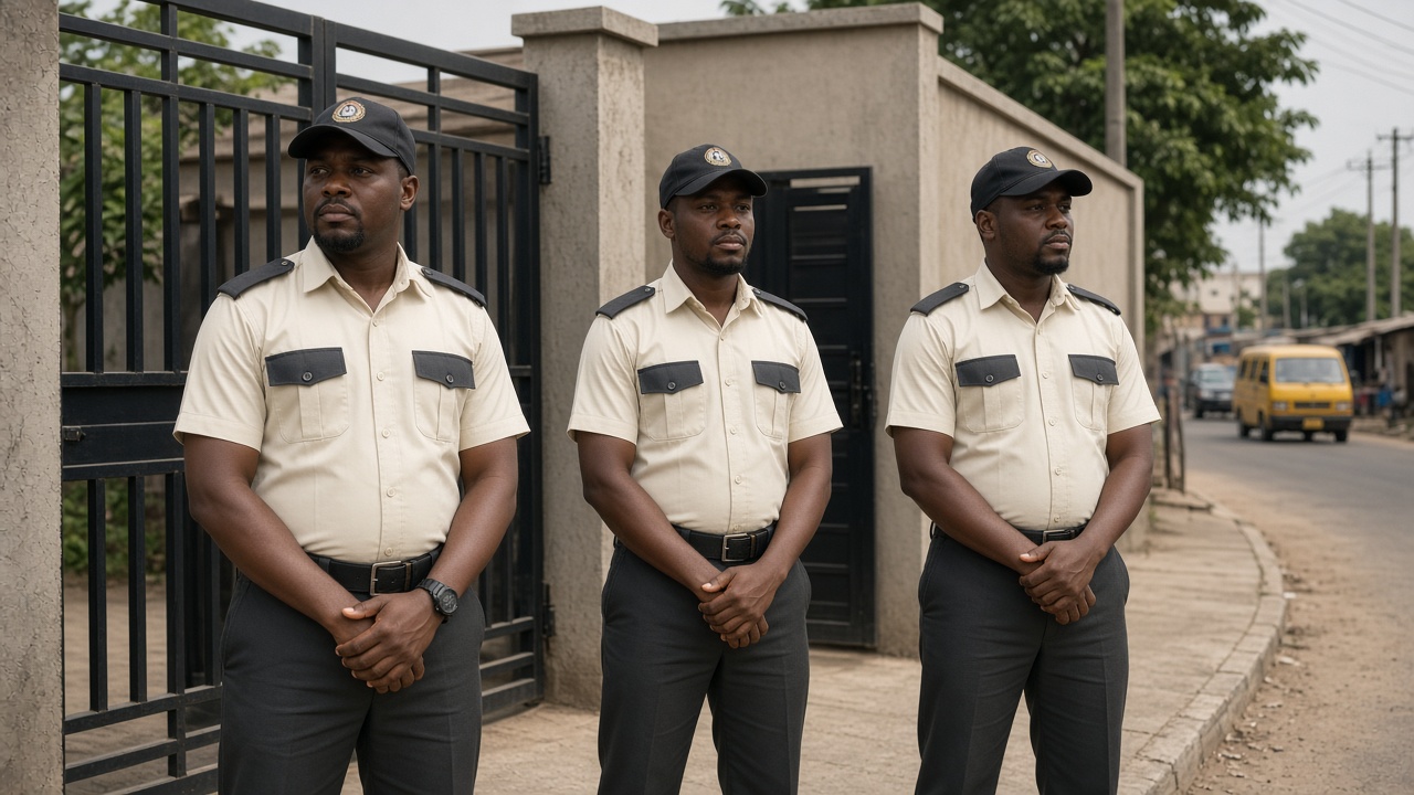 Three Mamo Security officers at a compound gate